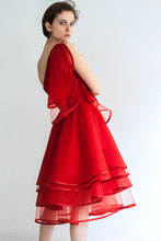 Load image into Gallery viewer, Red One Shoulder Organza Dress Bespoke Side View