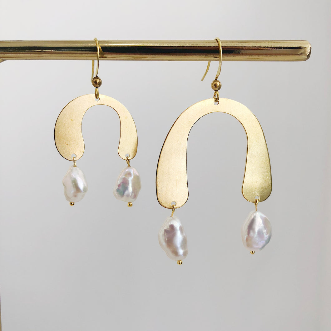 Irregular Brass Pendents Pearl Earrings