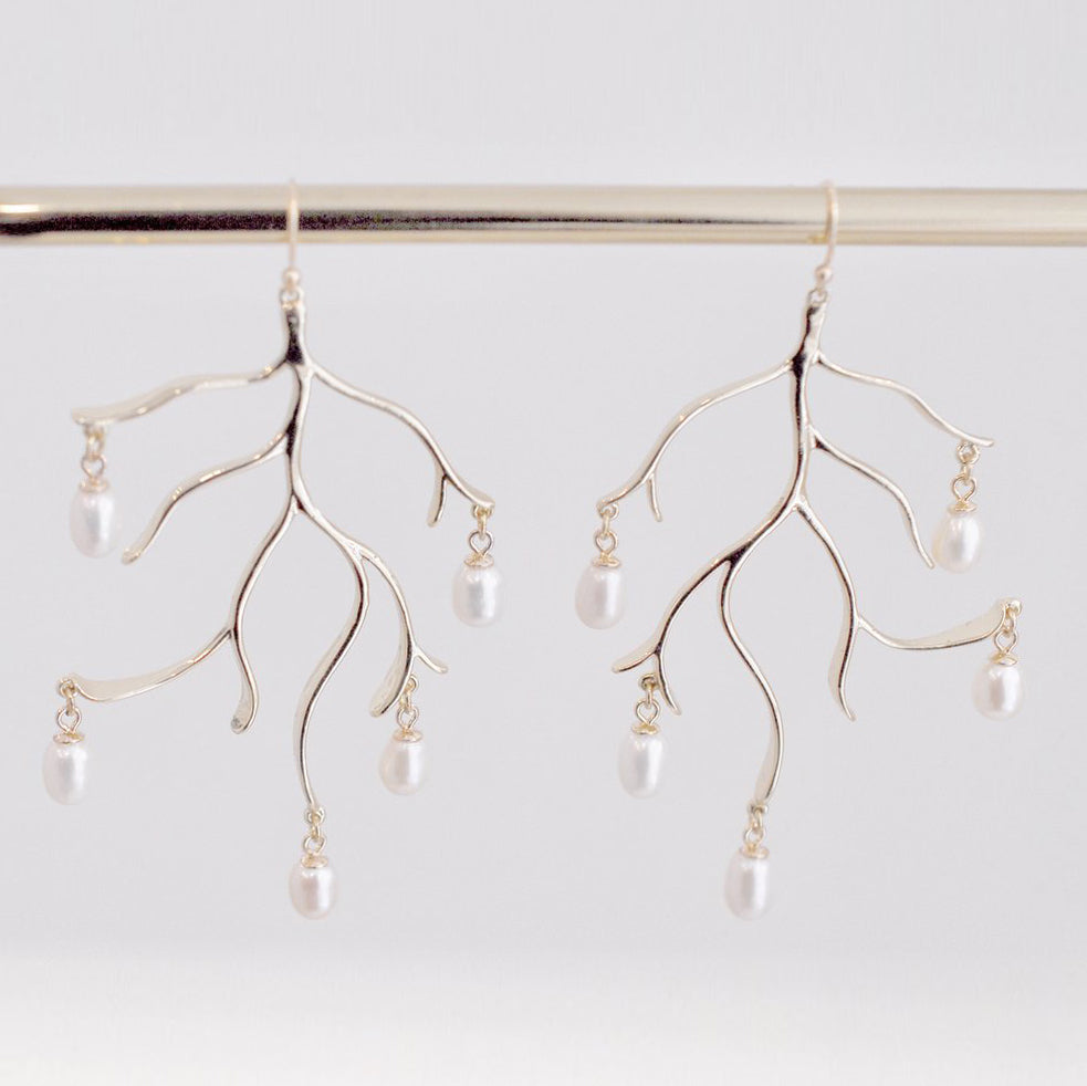 Freshwater Pearl Tree Branch Earrings Gold