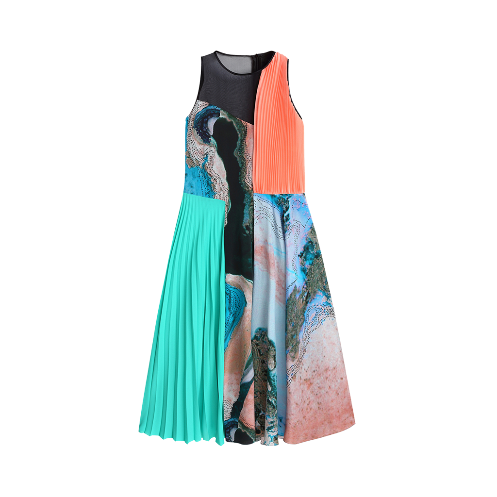 Printed Pleats Silk Dress