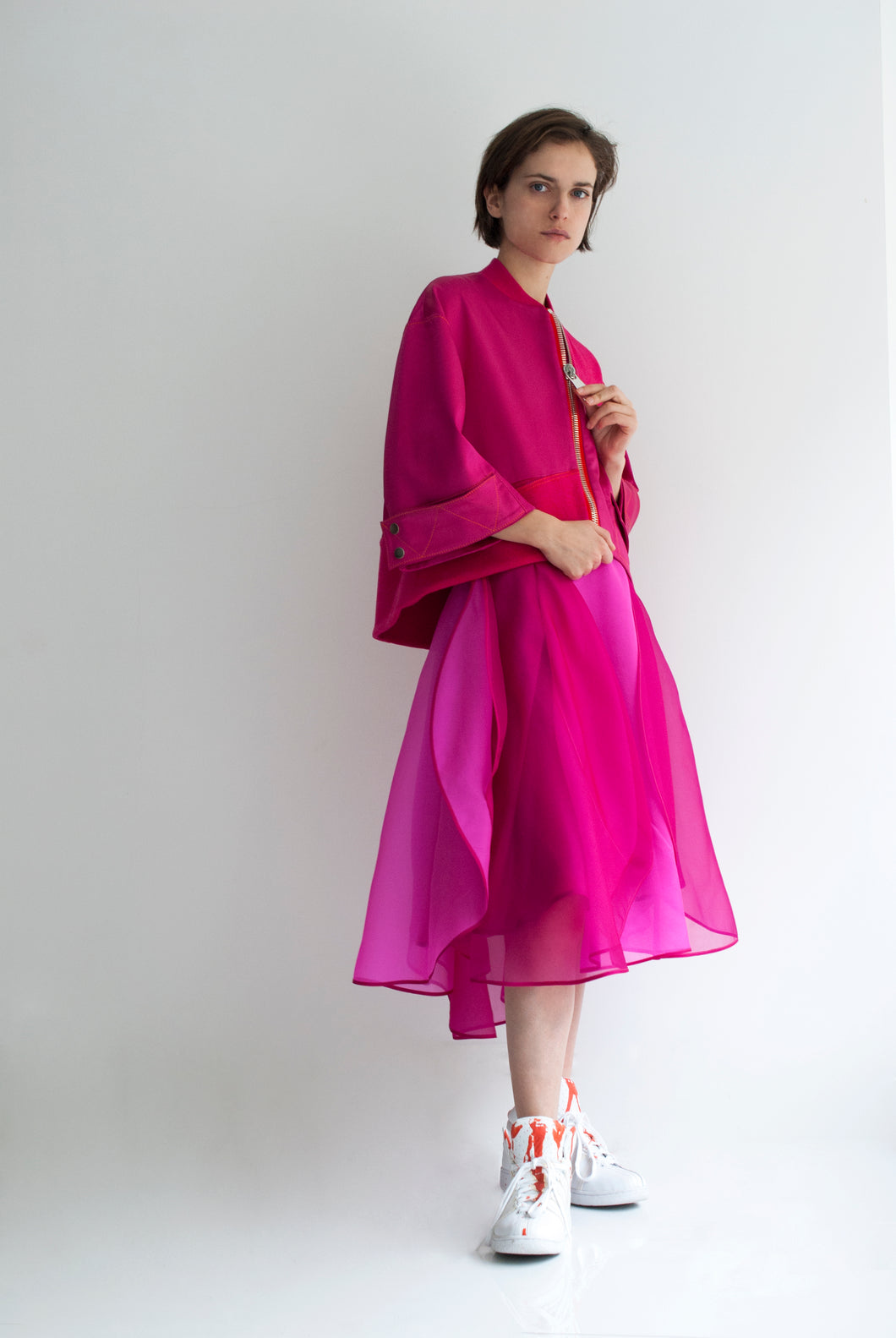 model wearing satin bomber jacket 